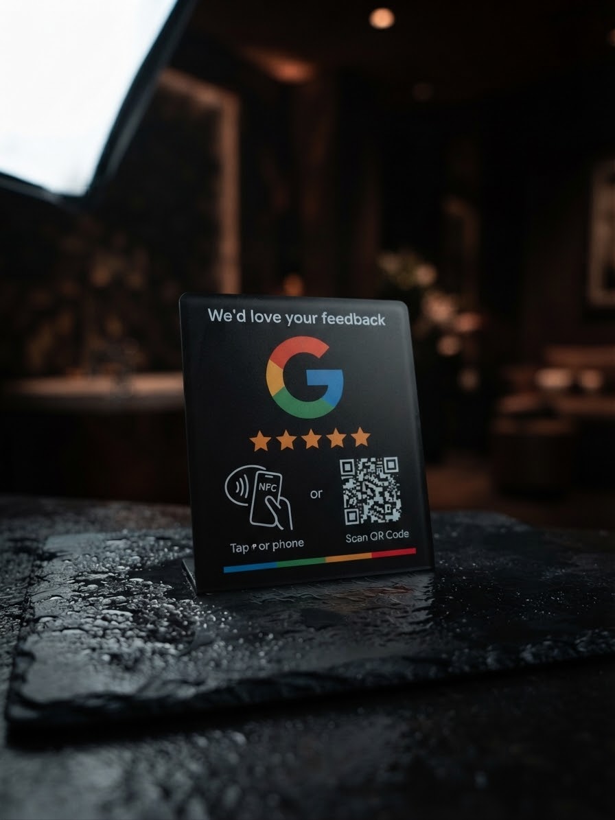Tapzy Google review card on a cafe counter